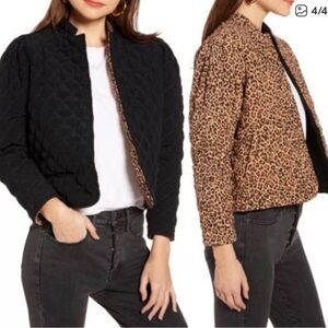 Something Navy Brand reversible quilted Black  Leopard Bomber Jacket puff sleeve